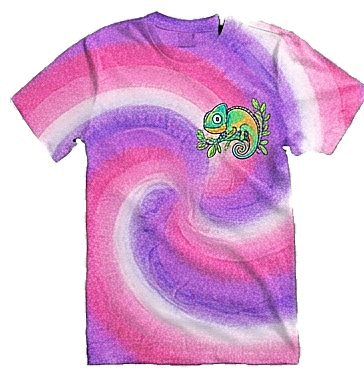 A cotton-candy tie-dye tee with the Changeling chameleon print